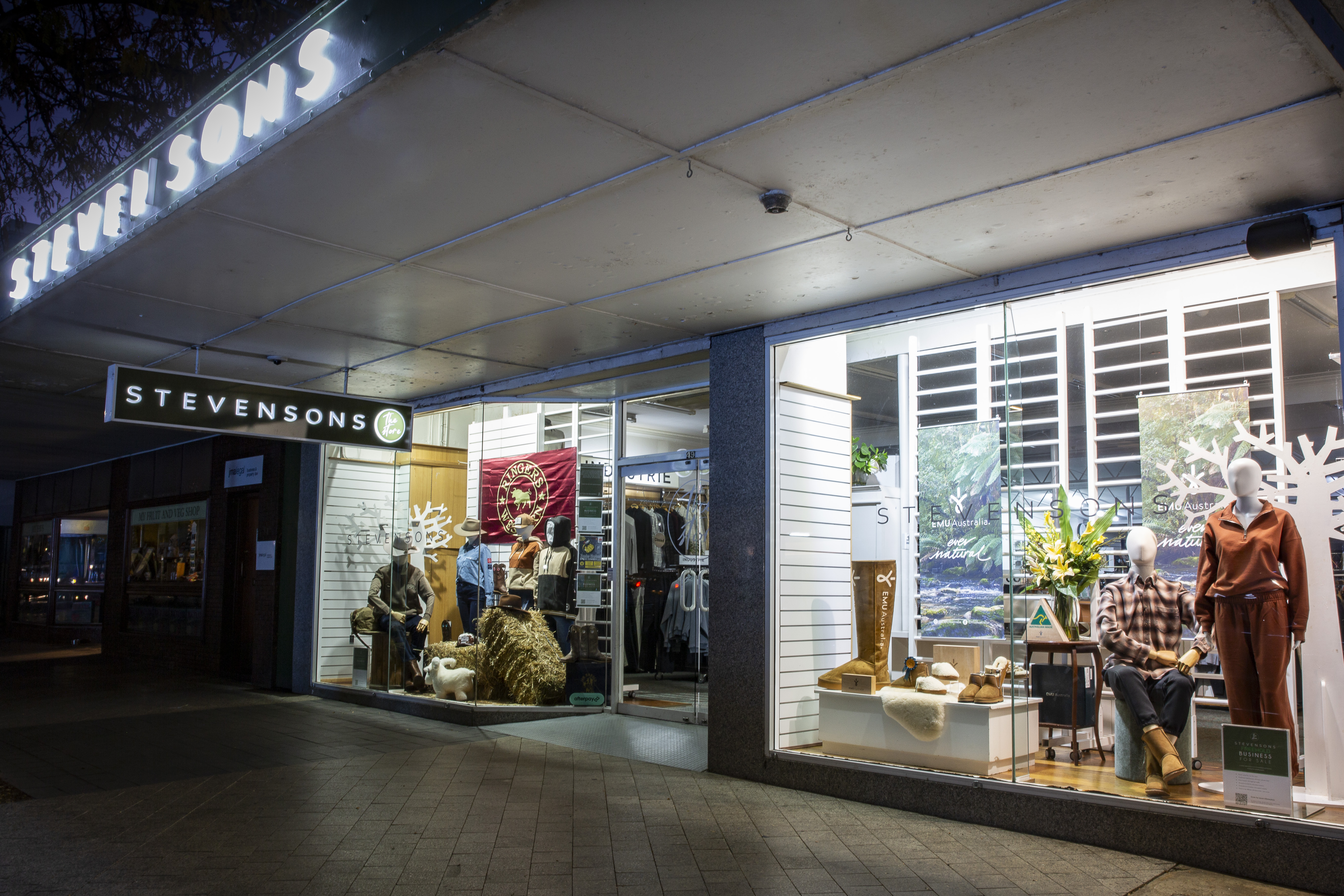 Stevensons The Store lit up at night, window displays glowing on Wynyard Street.