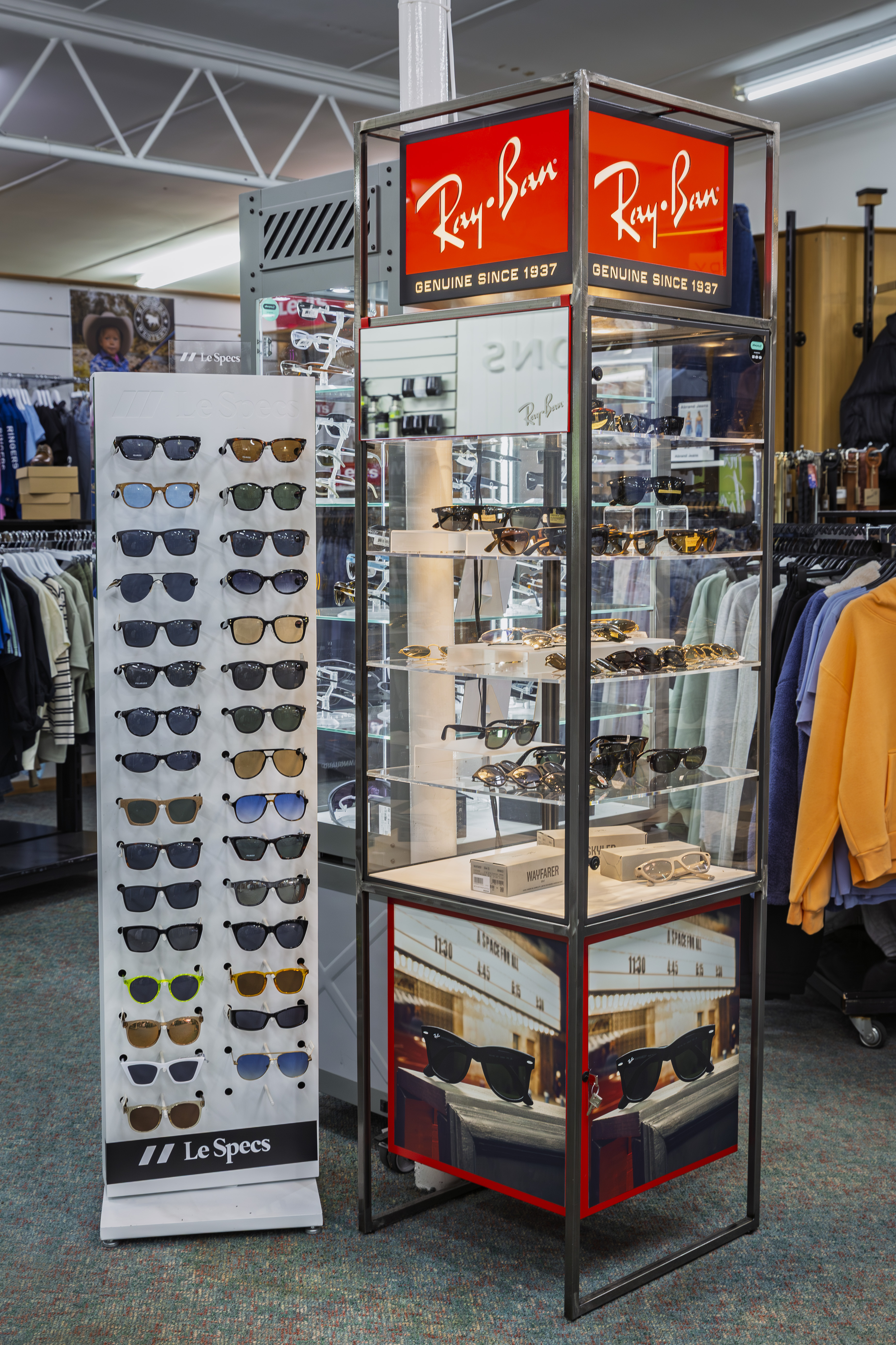 Ray-Ban and Le Specs sunglasses display inside Stevensons.