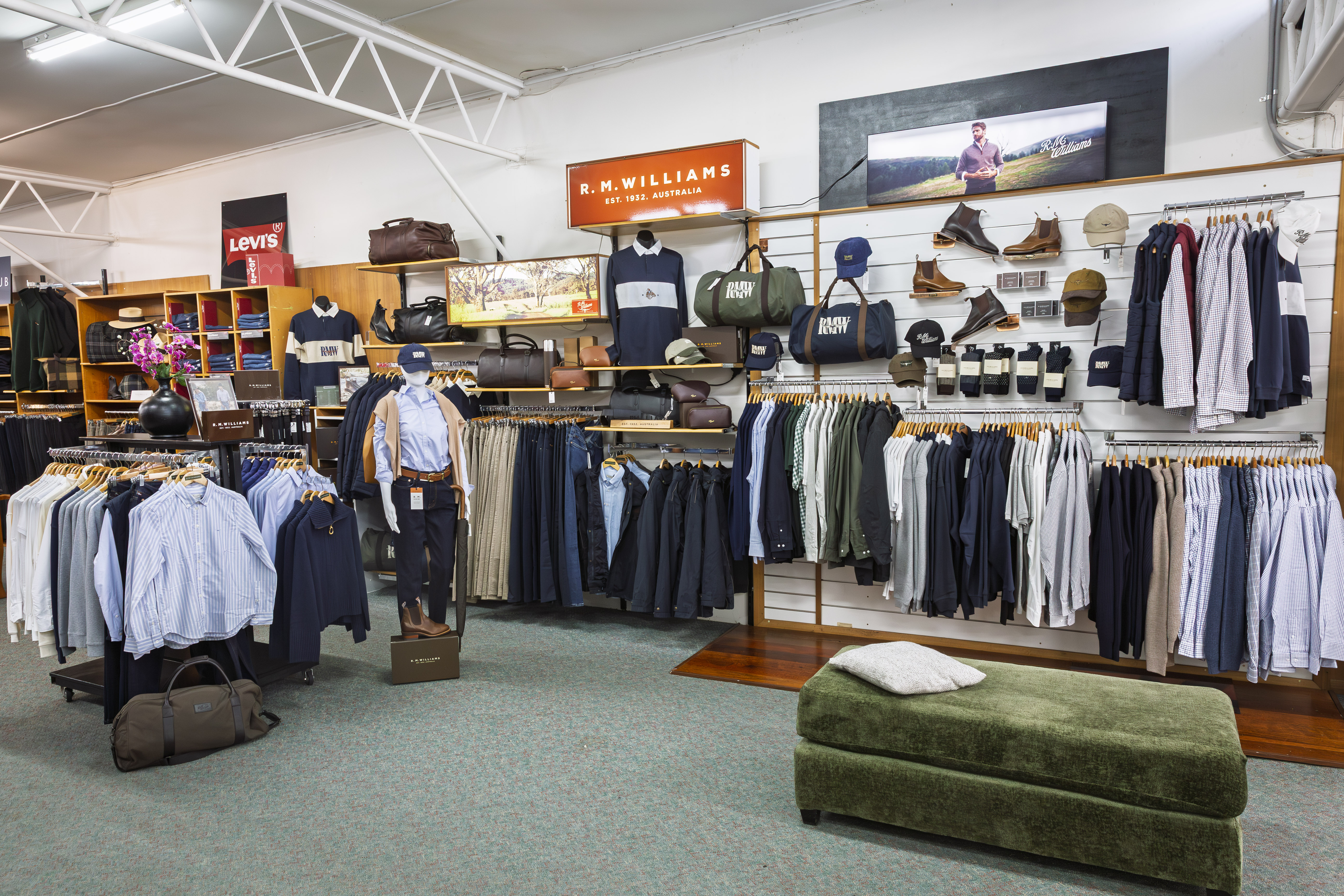 Inside Stevensons The Store — R.M. Williams menswear, bags and boots on display.