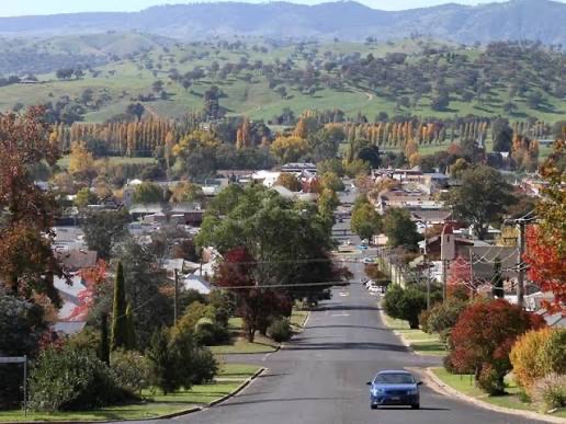 Tumut town in autumn with colourful trees and rolling green hills.